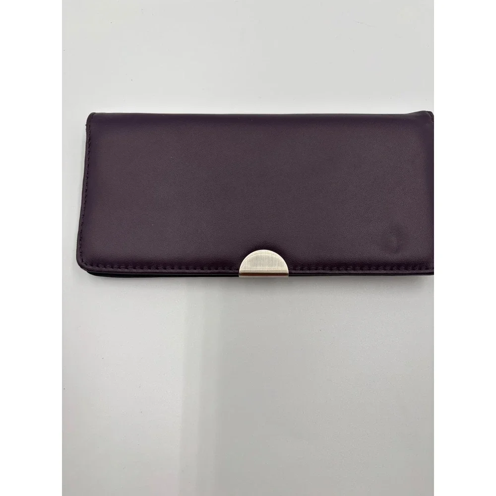 Purple Genuine Leather Slim Clutch Wallet with ID Window and Zipper Pocket